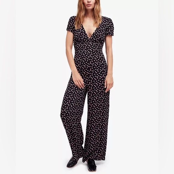 Free People Pants - Free People Women’s Mia Empire-Waist Jumpsuit Size 6 Black & Pink Floral Print
